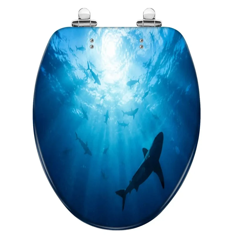 Elongated Toilet Seat Crafted From Tough As Nails Resin With A Smooth Soft Close Lid Displaying A Slick Ocean Shark Design For Your Daily Bathroom Grind And Hassle Free Install