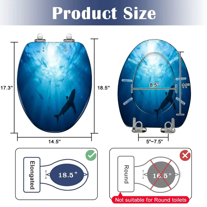 Elongated Toilet Seat Crafted From Tough As Nails Resin With A Smooth Soft Close Lid Displaying A Slick Ocean Shark Design For Your Daily Bathroom Grind And Hassle Free Install