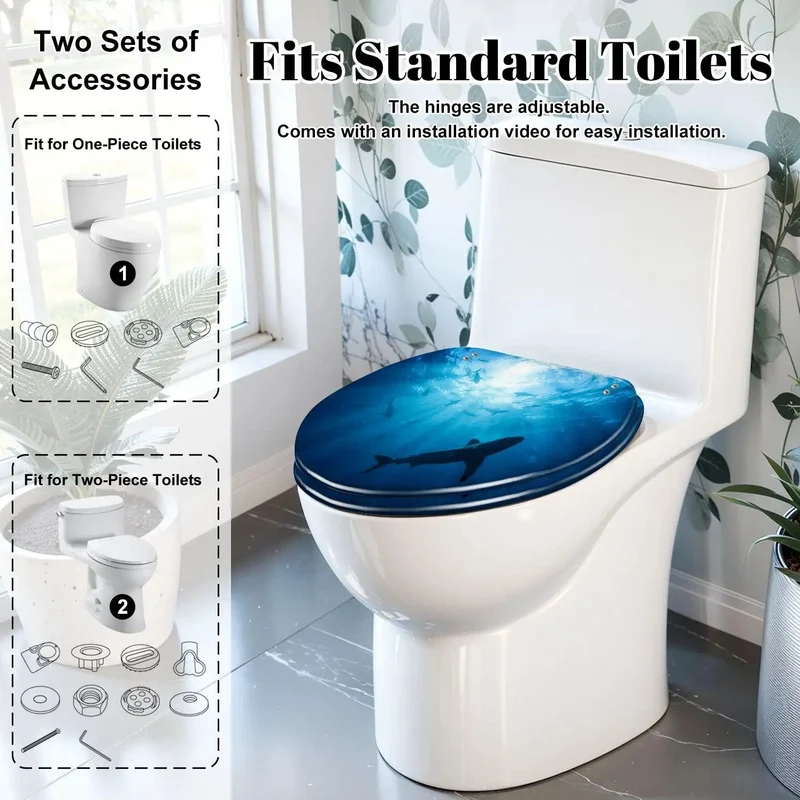 Elongated Toilet Seat Crafted From Tough As Nails Resin With A Smooth Soft Close Lid Displaying A Slick Ocean Shark Design For Your Daily Bathroom Grind And Hassle Free Install