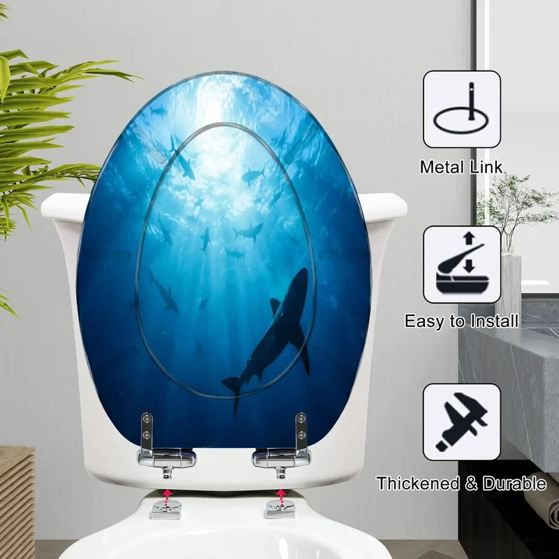Elongated Toilet Seat Crafted From Tough As Nails Resin With A Smooth Soft Close Lid Displaying A Slick Ocean Shark Design For Your Daily Bathroom Grind And Hassle Free Install