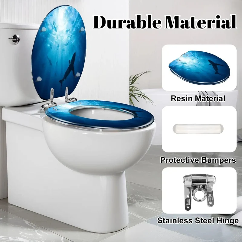 Elongated Toilet Seat Crafted From Tough As Nails Resin With A Smooth Soft Close Lid Displaying A Slick Ocean Shark Design For Your Daily Bathroom Grind And Hassle Free Install