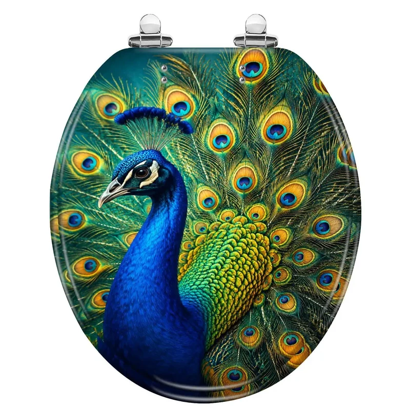 Round Toilet Seat Showcasing Eye Catching Peacock Plumage Art Heavy Duty Resin Build Soft Close Mechanism Keeps Things Chill And Quiet For A Swank Bathroom Refresh