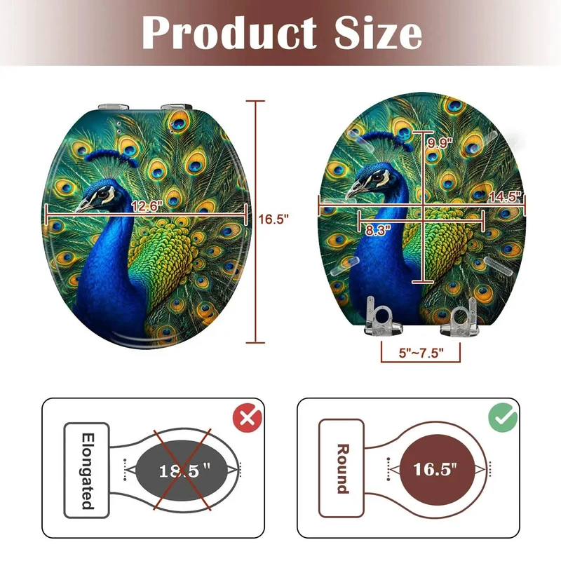 Round Toilet Seat Showcasing Eye Catching Peacock Plumage Art Heavy Duty Resin Build Soft Close Mechanism Keeps Things Chill And Quiet For A Swank Bathroom Refresh