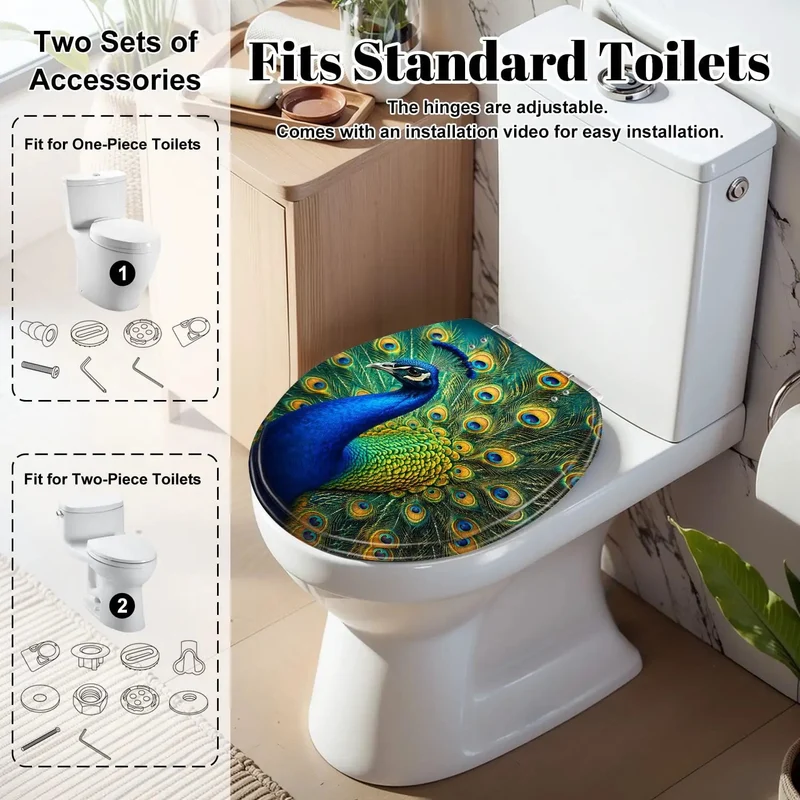 Round Toilet Seat Showcasing Eye Catching Peacock Plumage Art Heavy Duty Resin Build Soft Close Mechanism Keeps Things Chill And Quiet For A Swank Bathroom Refresh