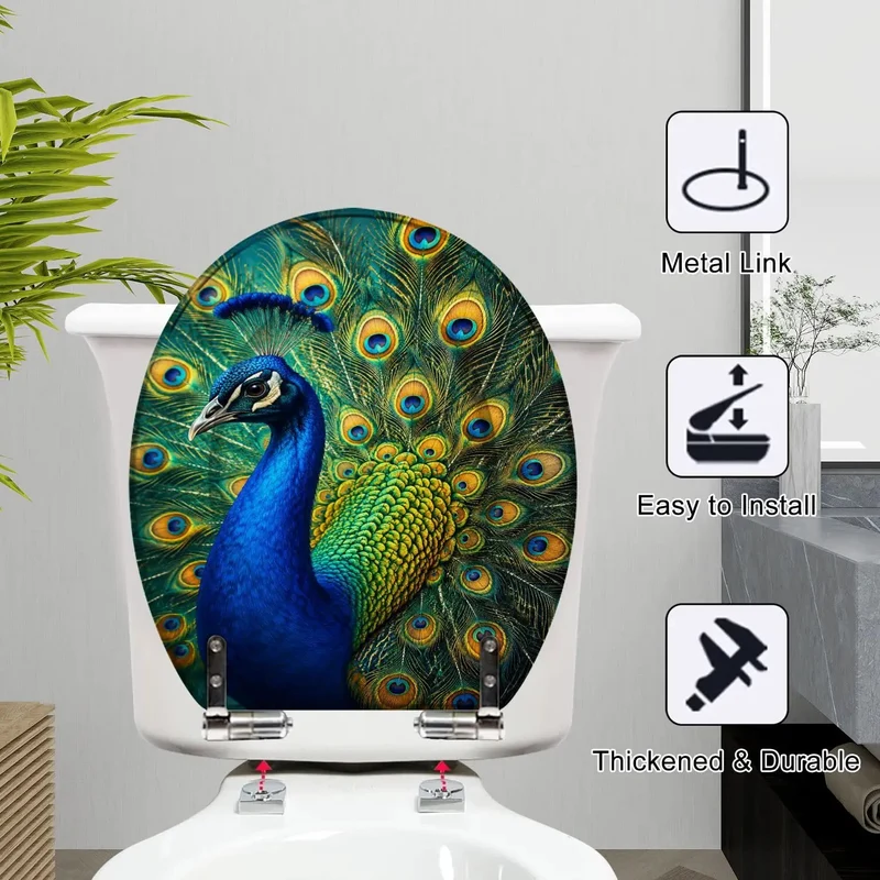 Round Toilet Seat Showcasing Eye Catching Peacock Plumage Art Heavy Duty Resin Build Soft Close Mechanism Keeps Things Chill And Quiet For A Swank Bathroom Refresh