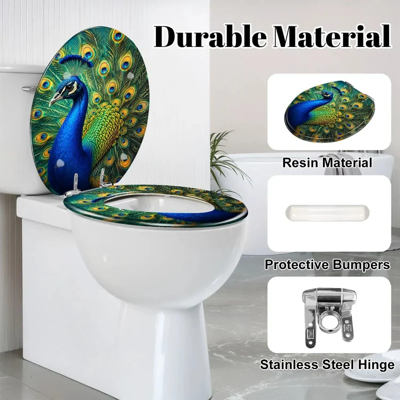 Round Toilet Seat Showcasing Eye Catching Peacock Plumage Art Heavy Duty Resin Build Soft Close Mechanism Keeps Things Chill And Quiet For A Swank Bathroom Refresh