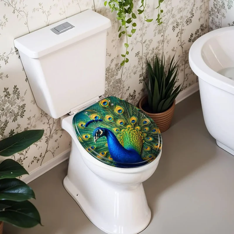 Round Toilet Seat Showcasing Eye Catching Peacock Plumage Art Heavy Duty Resin Build Soft Close Mechanism Keeps Things Chill And Quiet For A Swank Bathroom Refresh