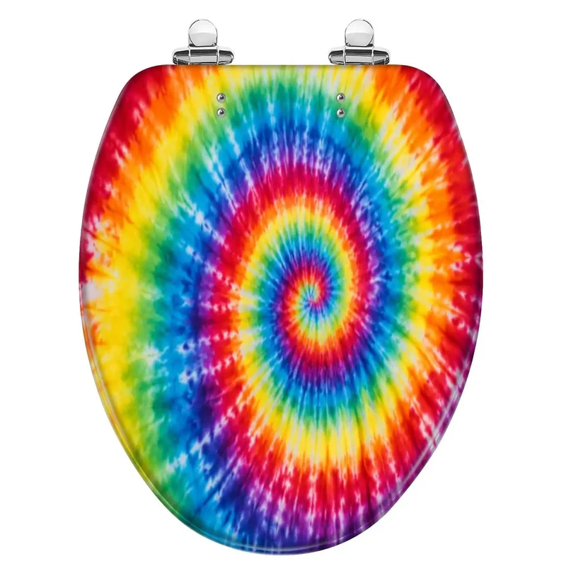 Elongated Toilet Seat With Quiet Soft Close Lid Cast From Heavy Duty Resin Featuring A Trippy Tie Dye Spiral Rainbow Aquarelle Print For Laid Back Bathroom Vibes And Long Lasting Use