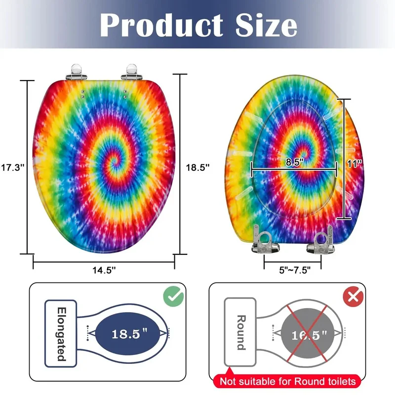 Elongated Toilet Seat With Quiet Soft Close Lid Cast From Heavy Duty Resin Featuring A Trippy Tie Dye Spiral Rainbow Aquarelle Print For Laid Back Bathroom Vibes And Long Lasting Use