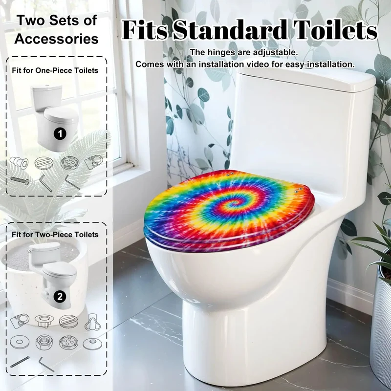 Elongated Toilet Seat With Quiet Soft Close Lid Cast From Heavy Duty Resin Featuring A Trippy Tie Dye Spiral Rainbow Aquarelle Print For Laid Back Bathroom Vibes And Long Lasting Use