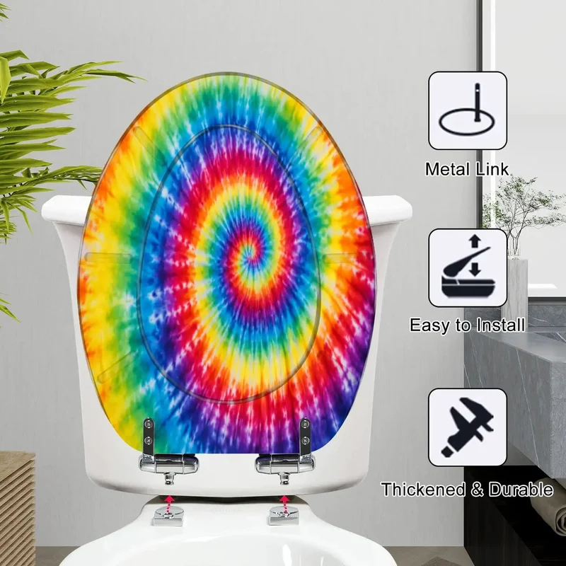 Elongated Toilet Seat With Quiet Soft Close Lid Cast From Heavy Duty Resin Featuring A Trippy Tie Dye Spiral Rainbow Aquarelle Print For Laid Back Bathroom Vibes And Long Lasting Use