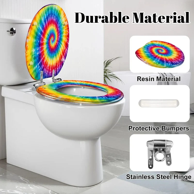 Elongated Toilet Seat With Quiet Soft Close Lid Cast From Heavy Duty Resin Featuring A Trippy Tie Dye Spiral Rainbow Aquarelle Print For Laid Back Bathroom Vibes And Long Lasting Use