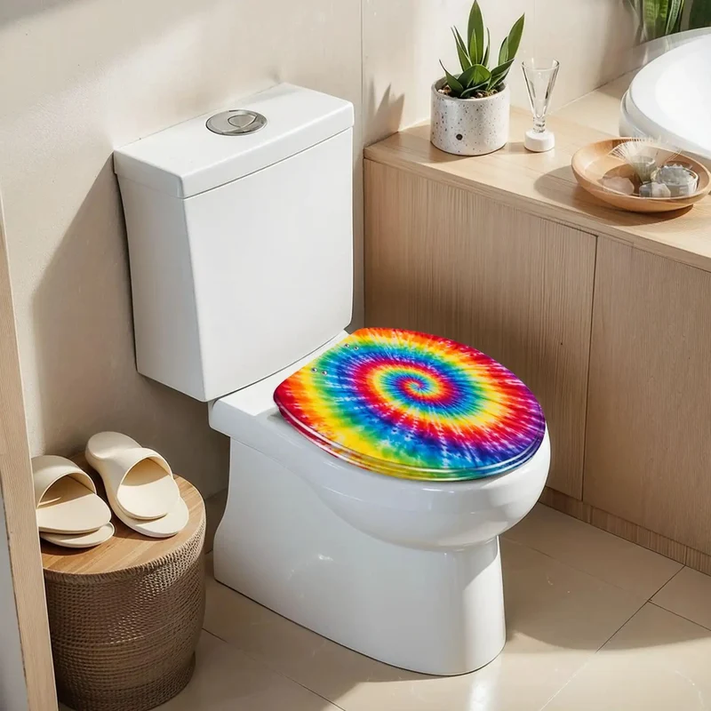 Elongated Toilet Seat With Quiet Soft Close Lid Cast From Heavy Duty Resin Featuring A Trippy Tie Dye Spiral Rainbow Aquarelle Print For Laid Back Bathroom Vibes And Long Lasting Use