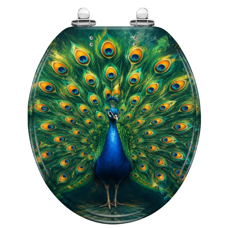 Heavy Duty Round Toilet Seat With Silent Soft Close Hinges Featuring Durable Resin Construction And Striking Peacock Chinoiserie Gold Feather Pattern For Hassle Free Bathroom Upgrade