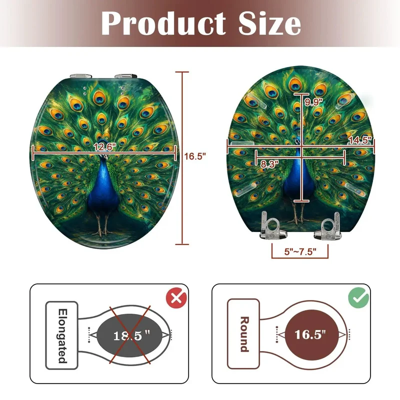 Heavy Duty Round Toilet Seat With Silent Soft Close Hinges Featuring Durable Resin Construction And Striking Peacock Chinoiserie Gold Feather Pattern For Hassle Free Bathroom Upgrade