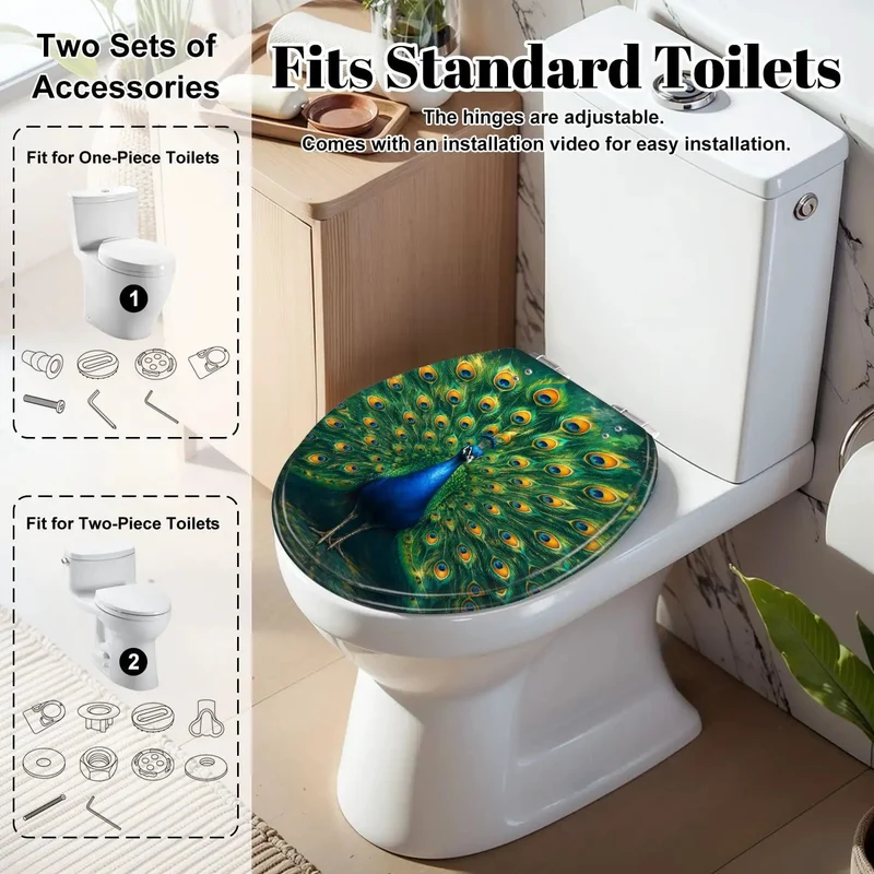 Heavy Duty Round Toilet Seat With Silent Soft Close Hinges Featuring Durable Resin Construction And Striking Peacock Chinoiserie Gold Feather Pattern For Hassle Free Bathroom Upgrade
