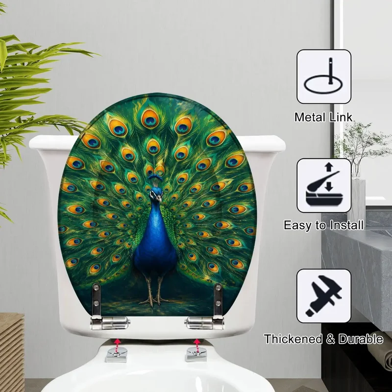 Heavy Duty Round Toilet Seat With Silent Soft Close Hinges Featuring Durable Resin Construction And Striking Peacock Chinoiserie Gold Feather Pattern For Hassle Free Bathroom Upgrade