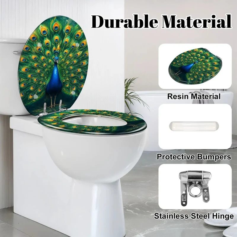 Heavy Duty Round Toilet Seat With Silent Soft Close Hinges Featuring Durable Resin Construction And Striking Peacock Chinoiserie Gold Feather Pattern For Hassle Free Bathroom Upgrade