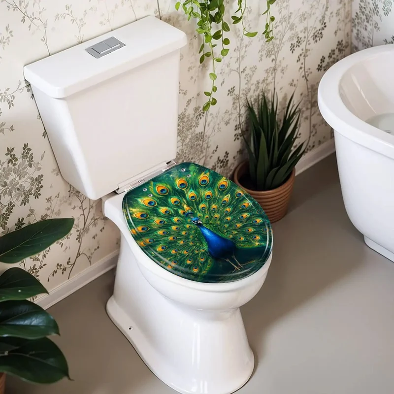 Heavy Duty Round Toilet Seat With Silent Soft Close Hinges Featuring Durable Resin Construction And Striking Peacock Chinoiserie Gold Feather Pattern For Hassle Free Bathroom Upgrade
