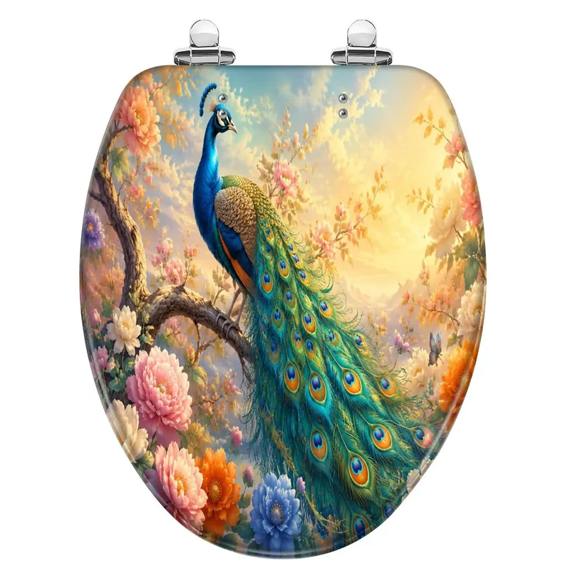 Elongated Toilet Seat Built From Hella Tough Resin Featuring Rock Solid Soft Close Action And Rad Peacock Perched On Branch Design With Vibrant Blooming Flowers