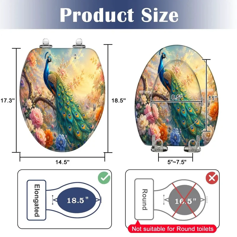 Elongated Toilet Seat Built From Hella Tough Resin Featuring Rock Solid Soft Close Action And Rad Peacock Perched On Branch Design With Vibrant Blooming Flowers