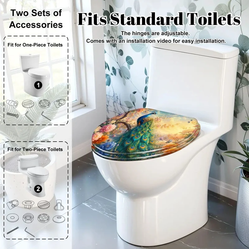 Elongated Toilet Seat Built From Hella Tough Resin Featuring Rock Solid Soft Close Action And Rad Peacock Perched On Branch Design With Vibrant Blooming Flowers