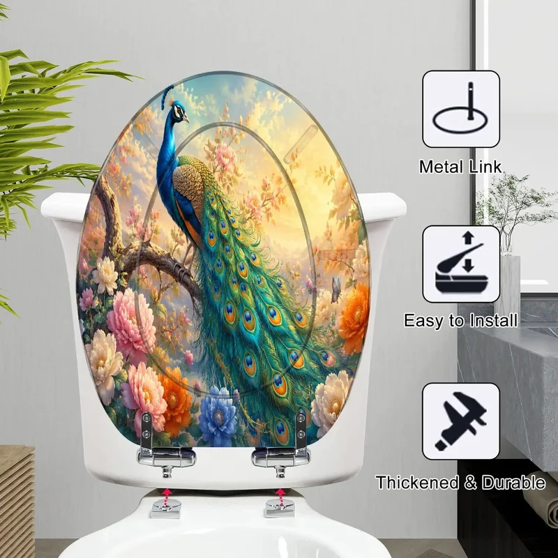 Elongated Toilet Seat Built From Hella Tough Resin Featuring Rock Solid Soft Close Action And Rad Peacock Perched On Branch Design With Vibrant Blooming Flowers