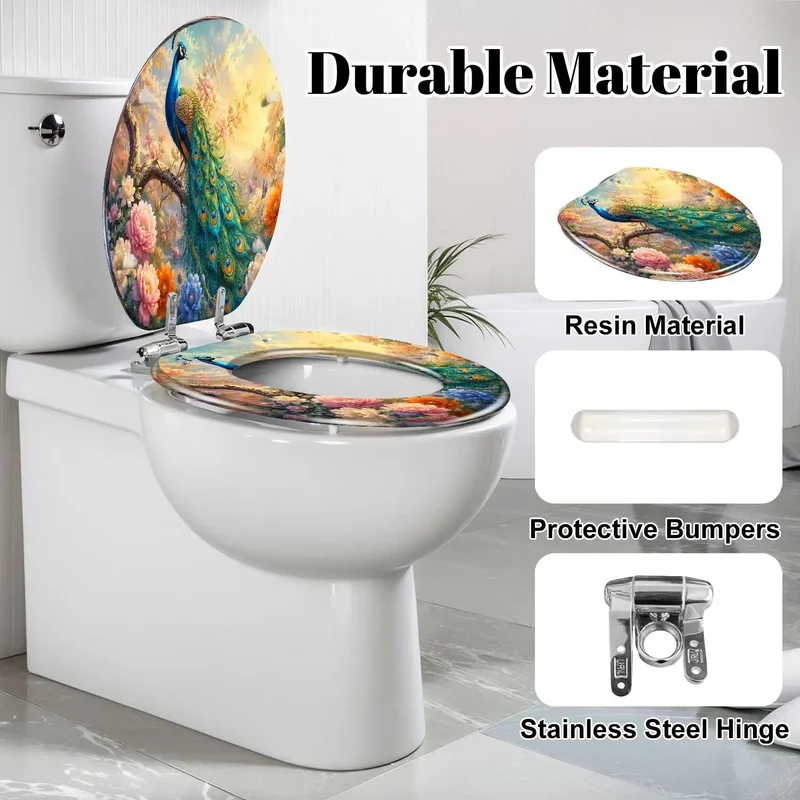 Elongated Toilet Seat Built From Hella Tough Resin Featuring Rock Solid Soft Close Action And Rad Peacock Perched On Branch Design With Vibrant Blooming Flowers