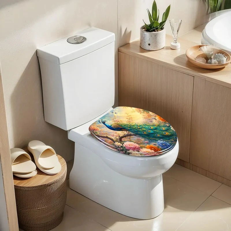 Elongated Toilet Seat Built From Hella Tough Resin Featuring Rock Solid Soft Close Action And Rad Peacock Perched On Branch Design With Vibrant Blooming Flowers