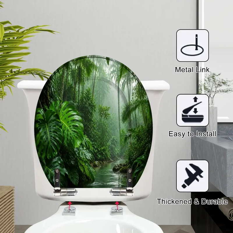 Round Tropical Rainforest Flowing Green Soft Close Toilet Seat Rock Solid Resin Top Quiet Drop Hinges Easy Bathroom Swap That Drops Smooth And Give You Total Chill Vibes With Solid Build Quality For Everyday Comfort