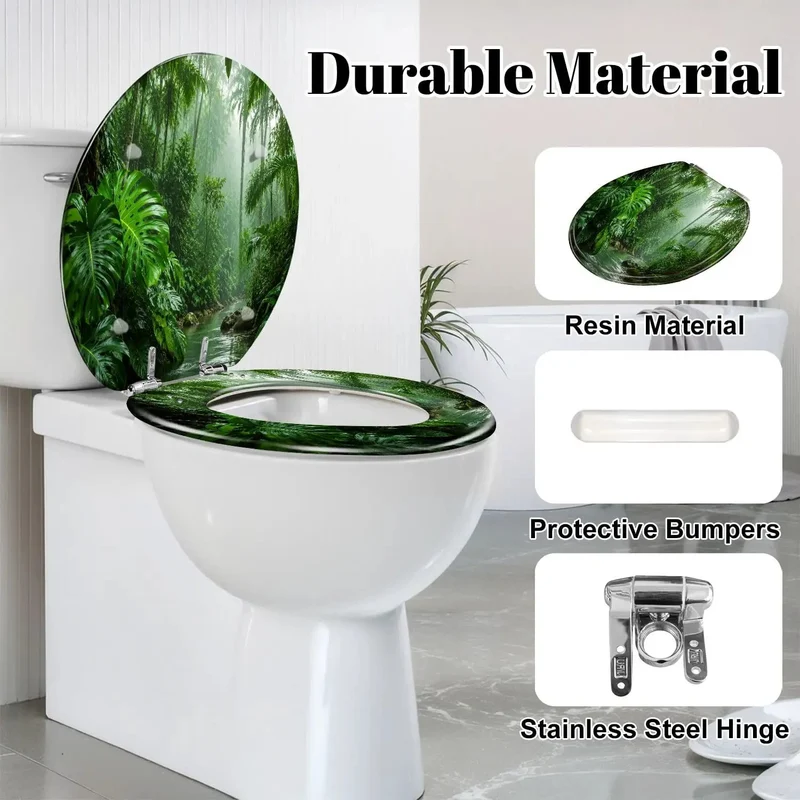 Round Tropical Rainforest Flowing Green Soft Close Toilet Seat Rock Solid Resin Top Quiet Drop Hinges Easy Bathroom Swap That Drops Smooth And Give You Total Chill Vibes With Solid Build Quality For Everyday Comfort