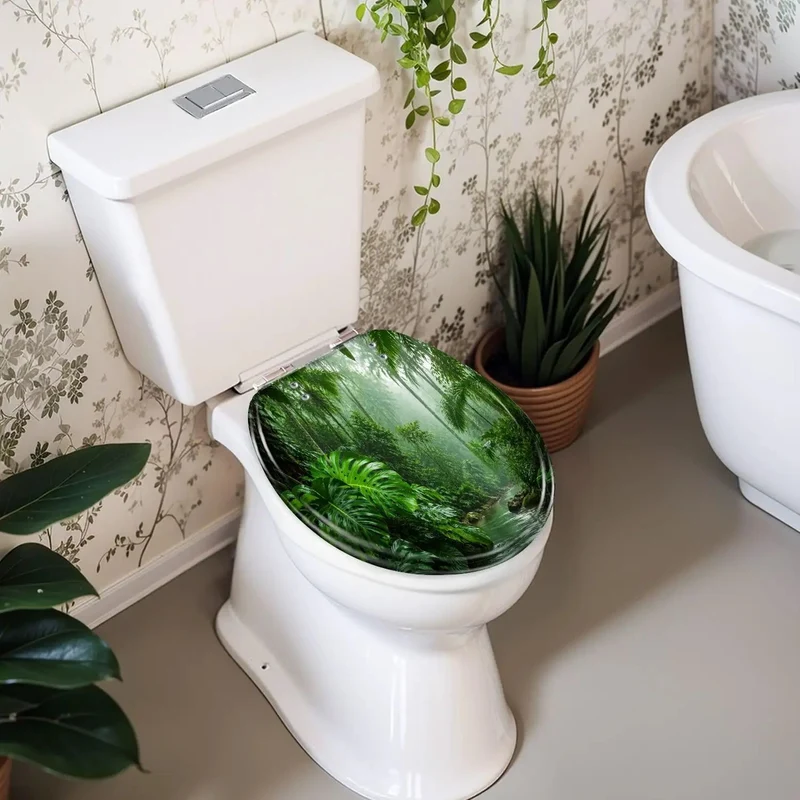 Round Tropical Rainforest Flowing Green Soft Close Toilet Seat Rock Solid Resin Top Quiet Drop Hinges Easy Bathroom Swap That Drops Smooth And Give You Total Chill Vibes With Solid Build Quality For Everyday Comfort