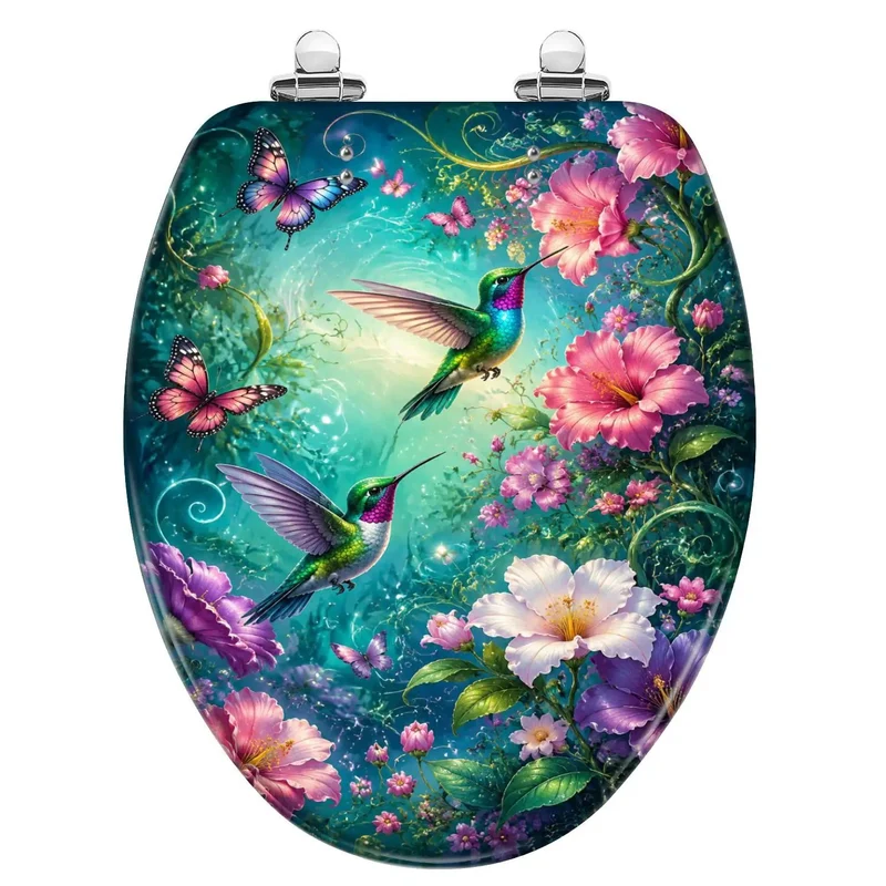 Premium Hella Durable Resin Elongated Toilet Seat With A Smooth Quiet Soft Close Hinge And Vibrant Hummingbird Butterfly Chinoiserie Art For A Fresh Bathroom Upgrade