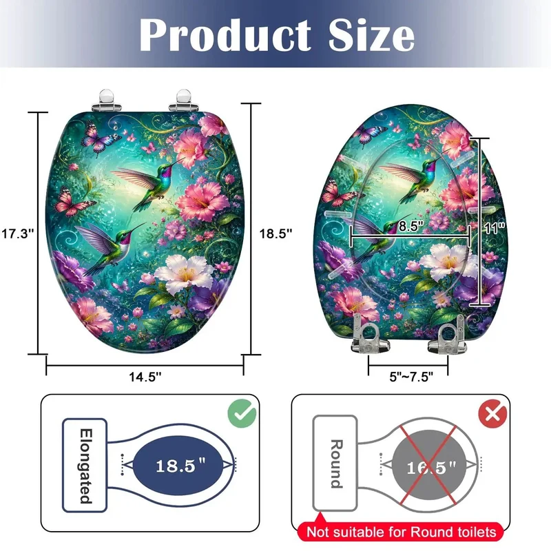 Premium Hella Durable Resin Elongated Toilet Seat With A Smooth Quiet Soft Close Hinge And Vibrant Hummingbird Butterfly Chinoiserie Art For A Fresh Bathroom Upgrade