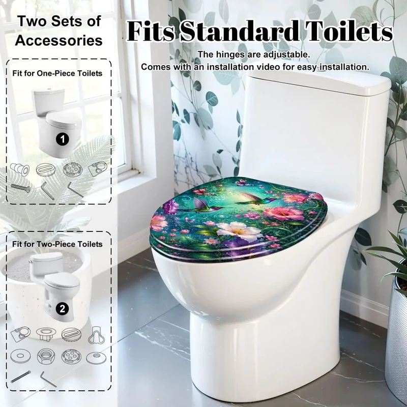 Premium Hella Durable Resin Elongated Toilet Seat With A Smooth Quiet Soft Close Hinge And Vibrant Hummingbird Butterfly Chinoiserie Art For A Fresh Bathroom Upgrade