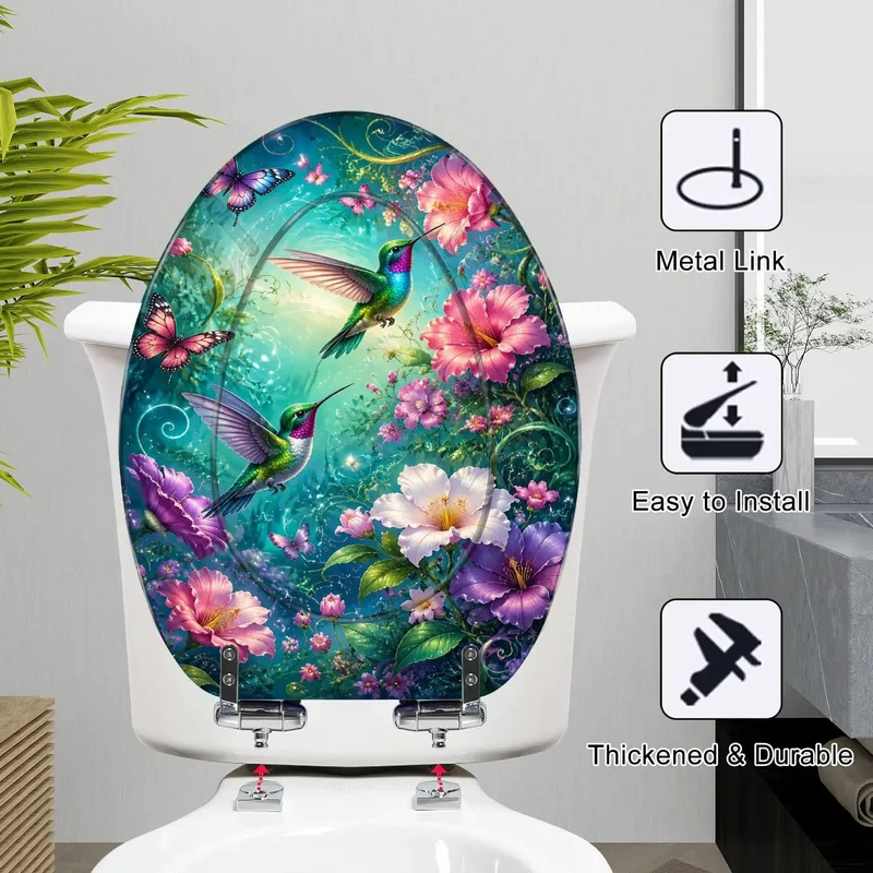 Premium Hella Durable Resin Elongated Toilet Seat With A Smooth Quiet Soft Close Hinge And Vibrant Hummingbird Butterfly Chinoiserie Art For A Fresh Bathroom Upgrade