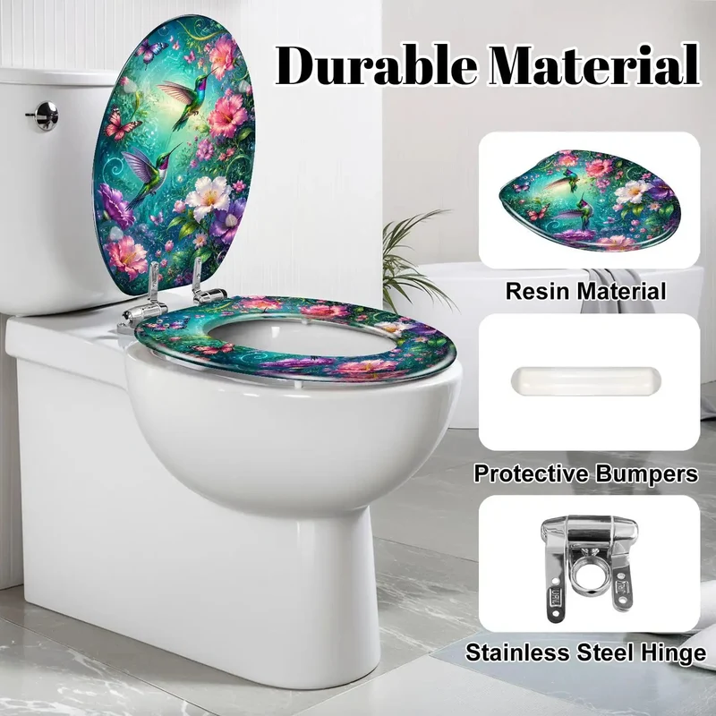 Premium Hella Durable Resin Elongated Toilet Seat With A Smooth Quiet Soft Close Hinge And Vibrant Hummingbird Butterfly Chinoiserie Art For A Fresh Bathroom Upgrade