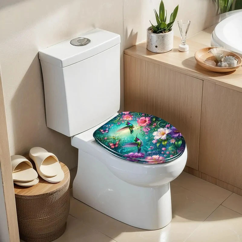 Premium Hella Durable Resin Elongated Toilet Seat With A Smooth Quiet Soft Close Hinge And Vibrant Hummingbird Butterfly Chinoiserie Art For A Fresh Bathroom Upgrade