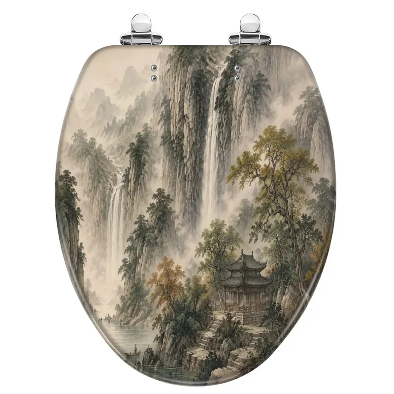 Top Shelf Elongated Toilet Seat With Ultra Smooth Soft Close Hinge And Hella Durable Resin Lid Featuring Killer Misty Mountain Waterfall Chinoiserie Art For Quiet Bathroom Vibes