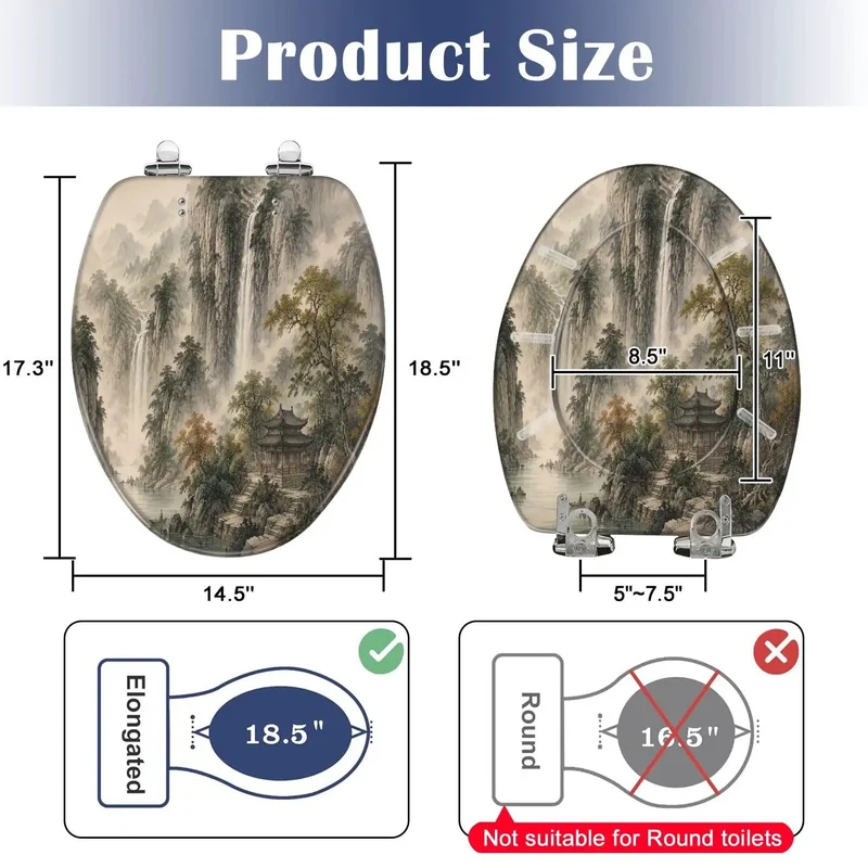 Top Shelf Elongated Toilet Seat With Ultra Smooth Soft Close Hinge And Hella Durable Resin Lid Featuring Killer Misty Mountain Waterfall Chinoiserie Art For Quiet Bathroom Vibes
