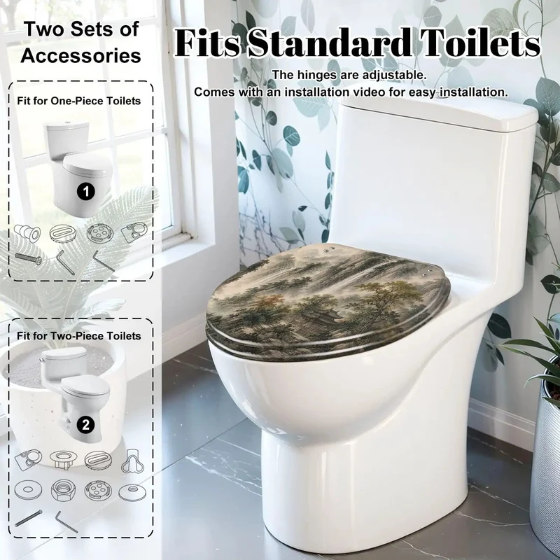 Top Shelf Elongated Toilet Seat With Ultra Smooth Soft Close Hinge And Hella Durable Resin Lid Featuring Killer Misty Mountain Waterfall Chinoiserie Art For Quiet Bathroom Vibes