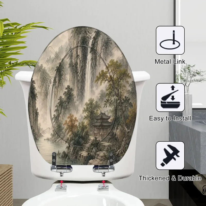 Top Shelf Elongated Toilet Seat With Ultra Smooth Soft Close Hinge And Hella Durable Resin Lid Featuring Killer Misty Mountain Waterfall Chinoiserie Art For Quiet Bathroom Vibes