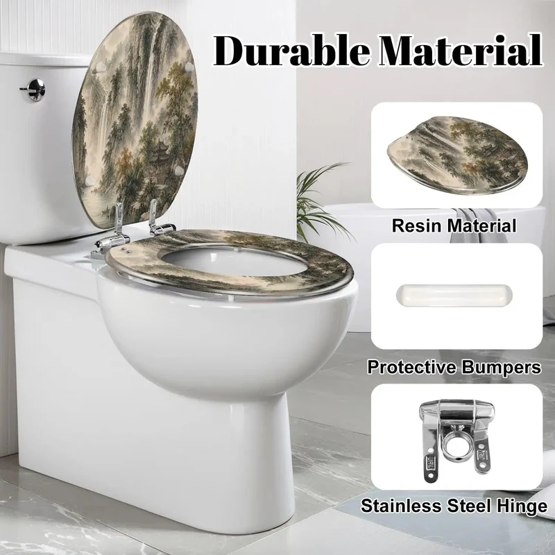 Top Shelf Elongated Toilet Seat With Ultra Smooth Soft Close Hinge And Hella Durable Resin Lid Featuring Killer Misty Mountain Waterfall Chinoiserie Art For Quiet Bathroom Vibes