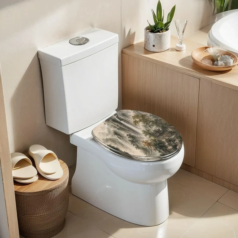Top Shelf Elongated Toilet Seat With Ultra Smooth Soft Close Hinge And Hella Durable Resin Lid Featuring Killer Misty Mountain Waterfall Chinoiserie Art For Quiet Bathroom Vibes