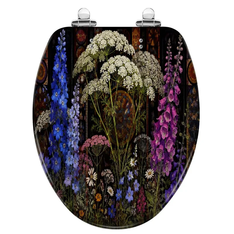Elongated Soft Close Toilet Seat Featuring Stained Glass Botanical Wildflower Design Rock Solid Resin Construction Silent Drop Hinges No Drama Bathroom Upgrade That Truly Is A Game Changer