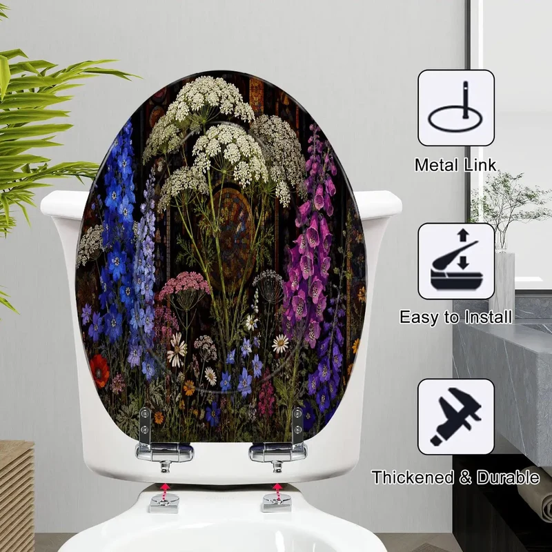 Elongated Soft Close Toilet Seat Featuring Stained Glass Botanical Wildflower Design Rock Solid Resin Construction Silent Drop Hinges No Drama Bathroom Upgrade That Truly Is A Game Changer