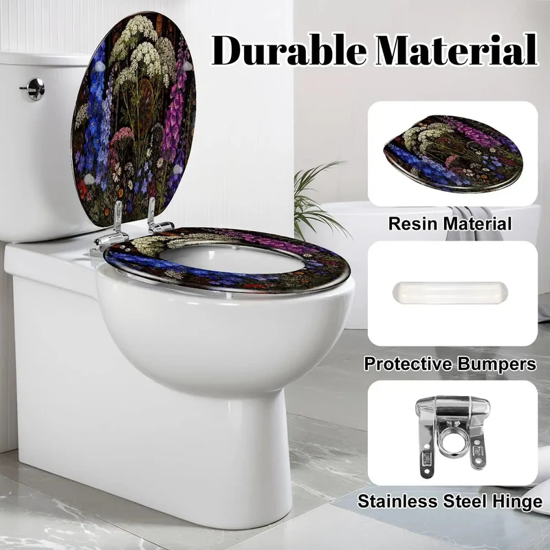Elongated Soft Close Toilet Seat Featuring Stained Glass Botanical Wildflower Design Rock Solid Resin Construction Silent Drop Hinges No Drama Bathroom Upgrade That Truly Is A Game Changer