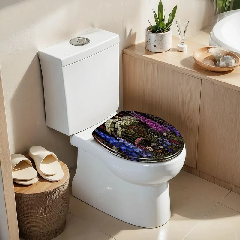 Elongated Soft Close Toilet Seat Featuring Stained Glass Botanical Wildflower Design Rock Solid Resin Construction Silent Drop Hinges No Drama Bathroom Upgrade That Truly Is A Game Changer