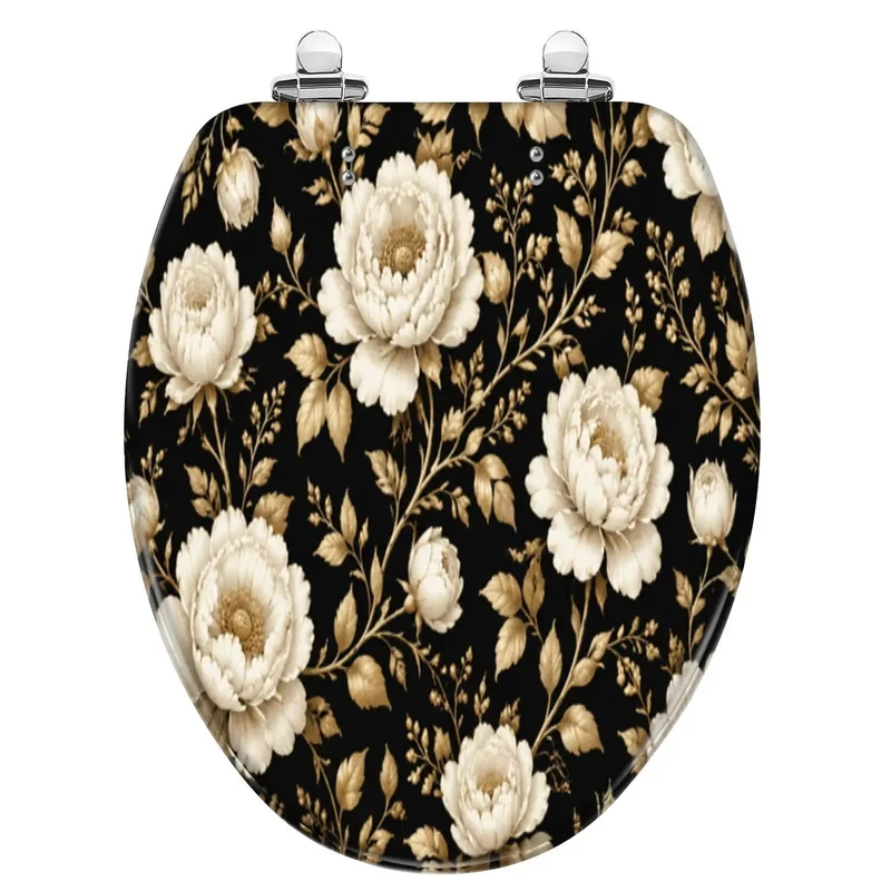 Rock Solid Slam Free Elongated Toilet Seat Built To Last With Quiet Soft Close Hinges And A Vintage Peony Floral Design In Rich Gold And Crisp White For Your Home Bath