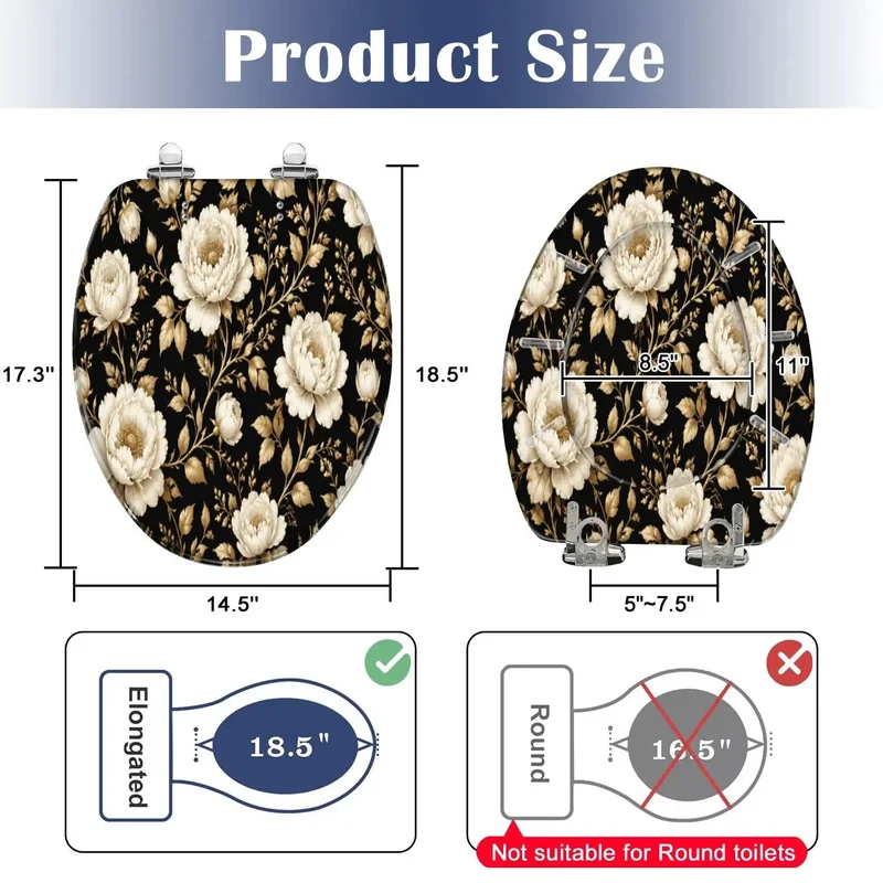 Rock Solid Slam Free Elongated Toilet Seat Built To Last With Quiet Soft Close Hinges And A Vintage Peony Floral Design In Rich Gold And Crisp White For Your Home Bath